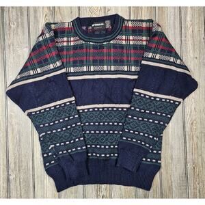 Vintage McGregor Sweater Medium Blue Green Geometric Pullover Crew Plaid Knit